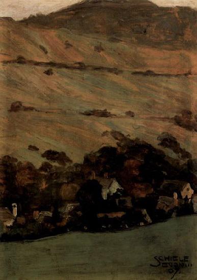 Egon Schiele Hauser vor Berghang oil painting image